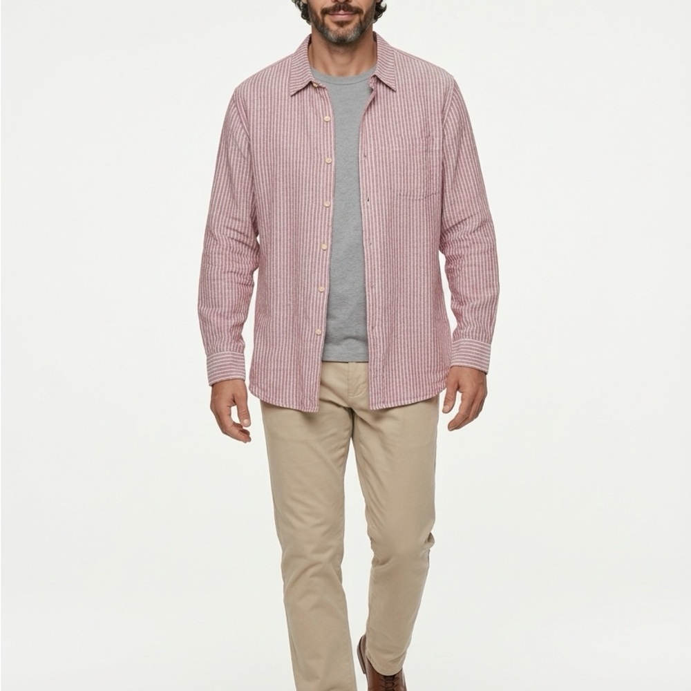 FLAX Cotton Long Sleeve Men's L Pink Striped Button-Up Front Pocket Career Shirt